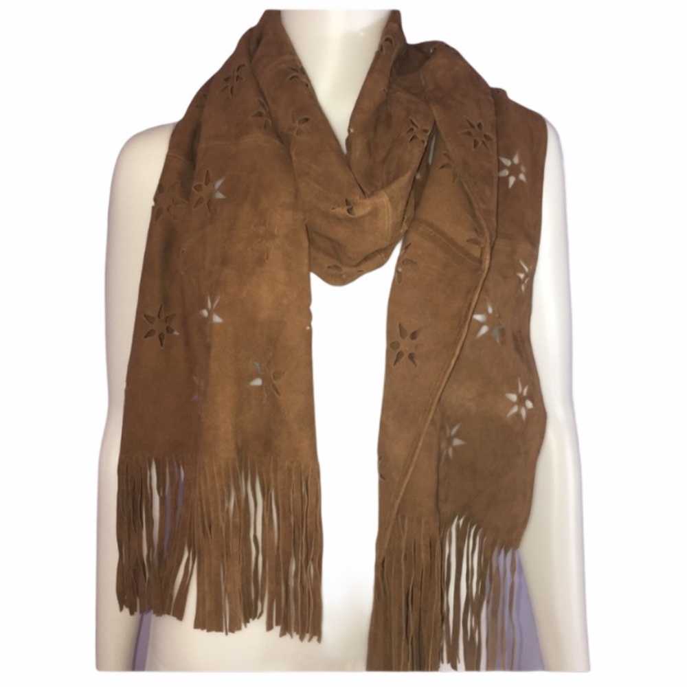 Brown Fringe Suede Like Floral Cut Out Scarf